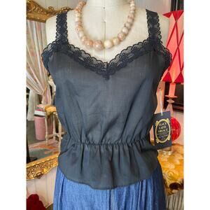vintage 1970s black camisole 70s peplum tank top cotton and lace sleeveless top